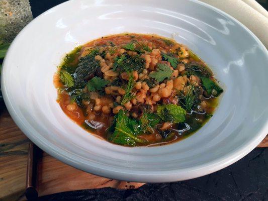 Mushroom and barley stew, Vegan With spring vegetables and herb pistou