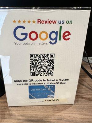 QR code to review for a chance at $100 gift card