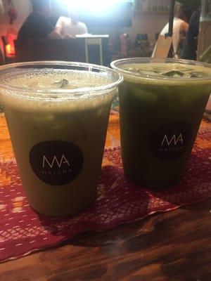 iced matcha latte with almond milk & iced lychee matcha