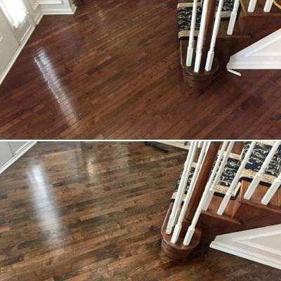 Before and after. Stained these maple floors Espresso with a satin finish