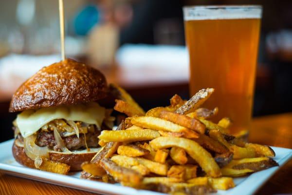 Wunderburger - krauted onions, Bavarian aioli, swiss cheese, 50/50 pork and beef patty on a pretzel bun