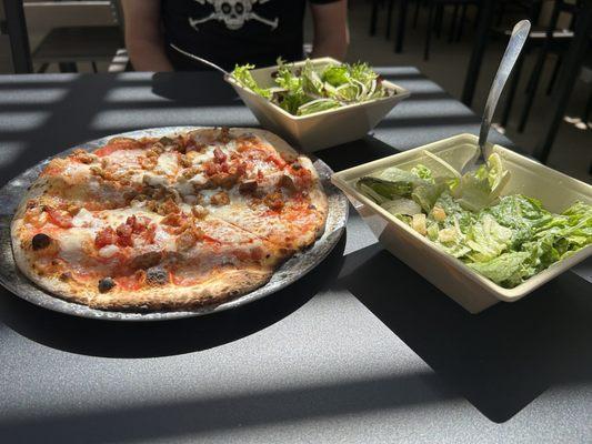 Meat Pi, half Smokin' Oak Sald, and half Caesar Salad.