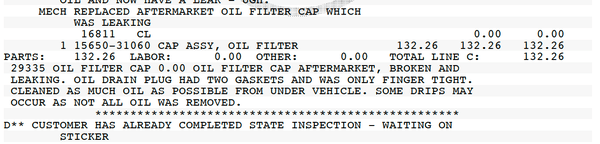 From Sewell invoice about repairs that had to be made from Kwik Kar oil change.