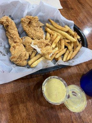 Chicken tenders are amazing.  Hand breaded no thick crust on them.