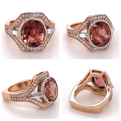 Tourmaline and diamond 14k rose gold ring.
Tina Yancey designer