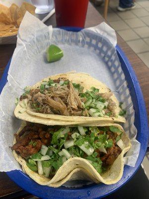 Carnitas and chorizo tacos