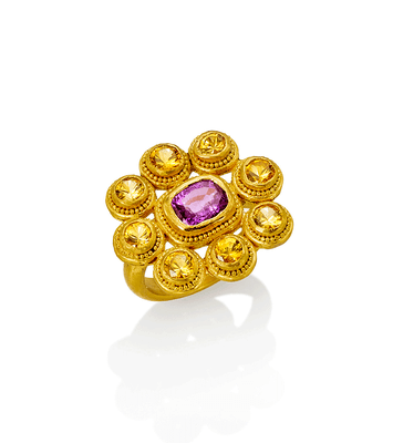 Pamela Farland: 22k yellow and pink sapphire cocktail ring, size 7.