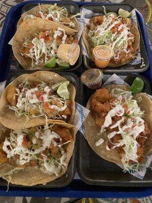 4 Ensenada fish tacos (left) + shrimp taco (top right) + special (bottom right)