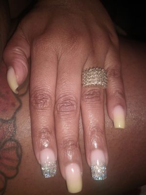 This months nails MY NATURAL NAILS overlayed with poly gel , ombre colored and glitter chunks