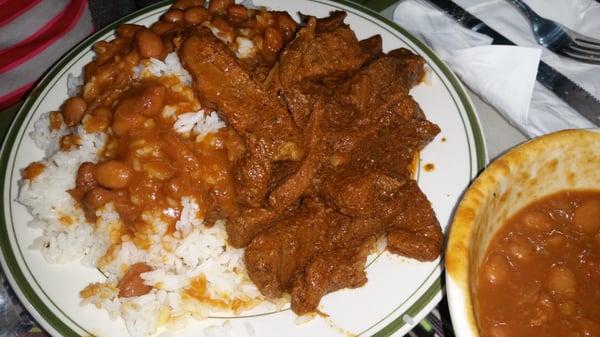 Beef chunks with rice & beans. Looks a bit messy but good!