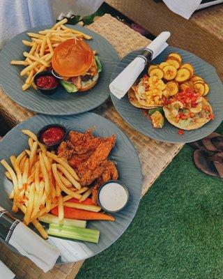 Prime pool burger / $18, Ceviche duo / $23, Cheese quesadilla / $14, w/ chicken / $7 + Crispy chicken fingers / $17