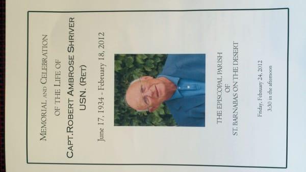 Memorial service for Bob Shriver ... great man and I miss him