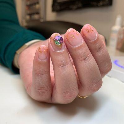 Pink ombre nails with gold foil and BLING!