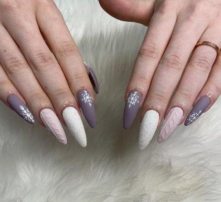 Holiday nails, long almond hard gel nails with sweater nails