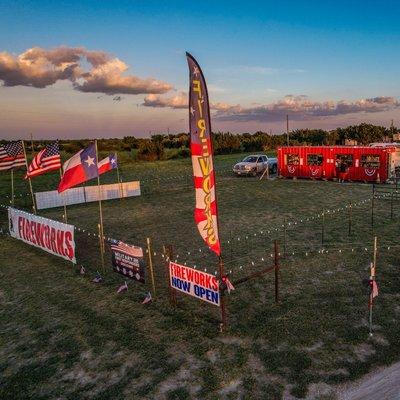 Drone photo of fireworks stand.