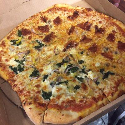 Half it your way. Half nitrate-free pepperoni, half artichoke organic spinach and Vermont goat cheese.