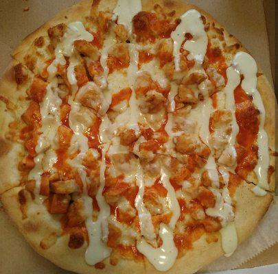 Personal pan size Buffalo chicken pizza! Don't expect breading anymore though. Grilled chicken was gross with this pizza.