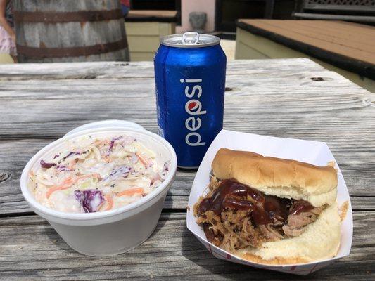 JYD BBQ coleslaw, pulled pork sandwich, and a drink