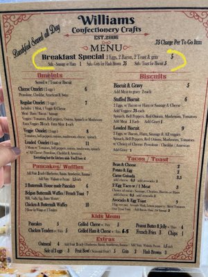 Breakfast menu with special at the top