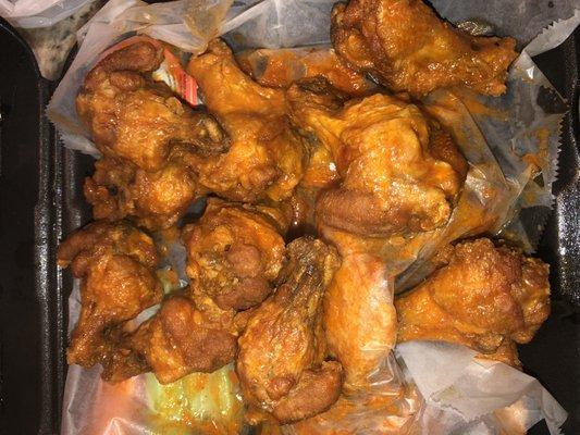 20 wings (10 Hot/ 10 Medium) with blue cheese and celery and carrots.