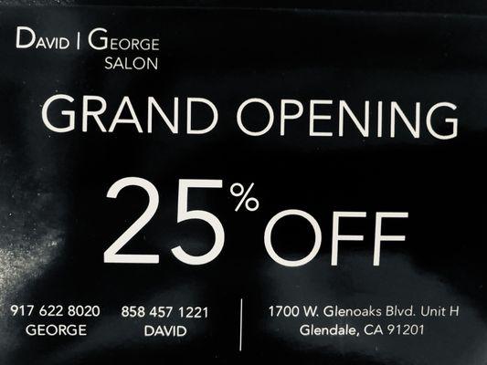 Please join us at David George Salon and take advantage of our 25% off offer on any service!