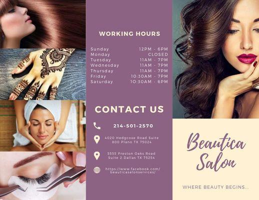 We provide waxing,facial,theading,tinting,hair color,haircuts,highlights,brazilian blowout,keratin treatment,eyelash extentions