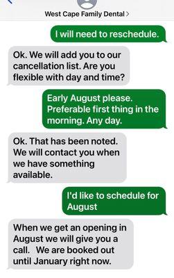 Text conversation with staff member from West Cape through automated appointment /text line