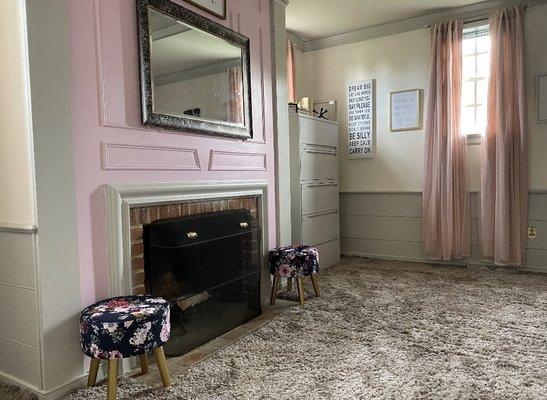 PINK SUNSHINE -
This space has been brightened and fluffed with this brighter color story, new carpet, and our Design Service.