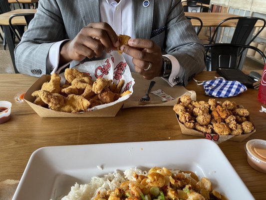 Fried catfish basket and fried gizzards. Good choice.