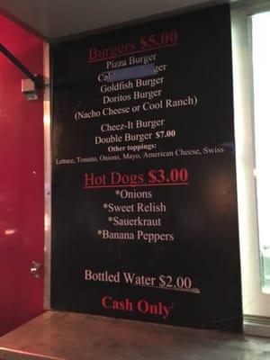 Menu. Hotdogs and Hamburgers mostly