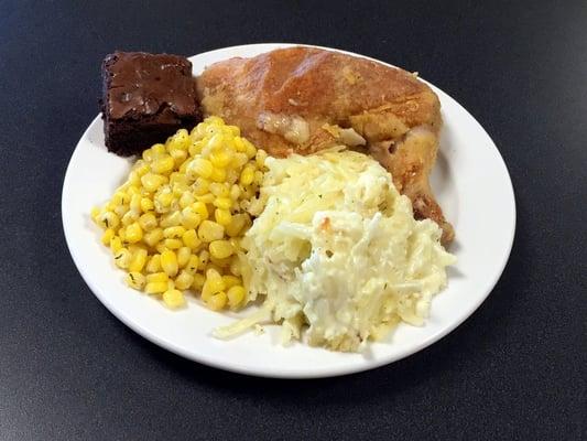 Ranch Chicken with Hash Brown Casserole, Buttered Corn, and Brownie