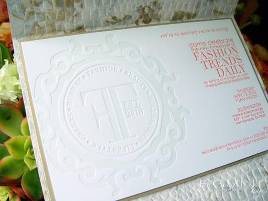 Fashion inspired custom letterpress "clutch invitation"  for Fashion Trends Daily re-launch event at Blushington.