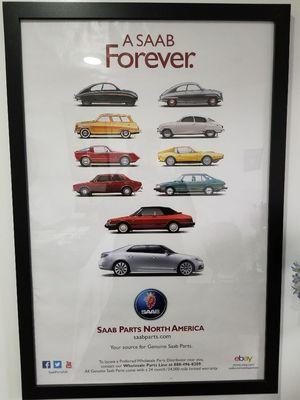 A neat Saab poster up in the shop office.