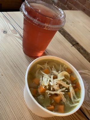 16 oz Chicken Noodle Soup ($6) + 16 oz Iced Raspberry Tea ($2.25)