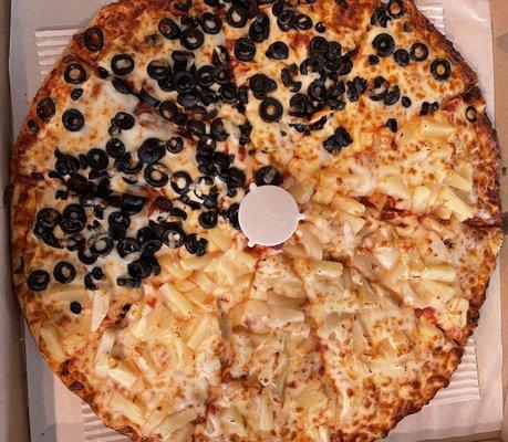 Large pizza, 1/2 black olives & 1/2 pineapple