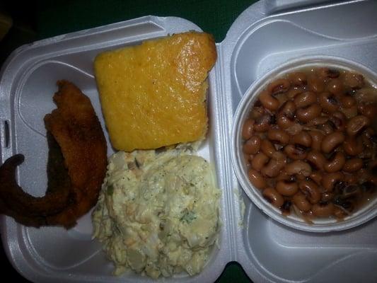 Whiting,  cornbread, potato salad and black eyed peas.