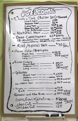 Price list!! Pretty pricey from what I am used to in S FL but seems to be comparable for area that I can see so far.