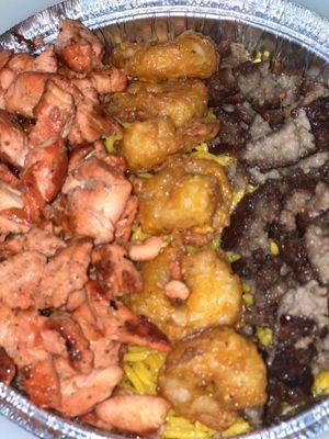 Trio Platter Lamb, shrimp, chicken over rice.