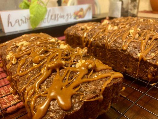 Double chocolate chip banana nut bread with sea salt caramel glaze