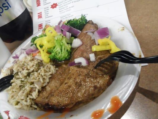 Roasted Lamb Au Jus,  Rice Pilaf and mixed Carrots with Broccoli good stuff with drink only 8 bucks