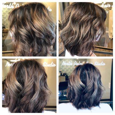 Root touch up, balayage highlights, cut and waves