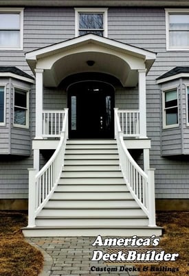 Curved railing suggests grandeur on this Trex porch on Rumson, New Jersey.