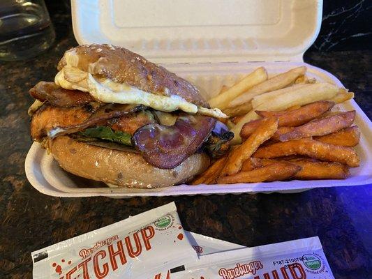 The Country Chicken sandwich with fries and sweet potato fries