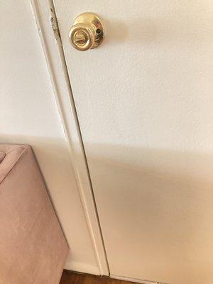 Door rehung when apartment was painted. Hung it crooked an now it sticks and has to be forced open.