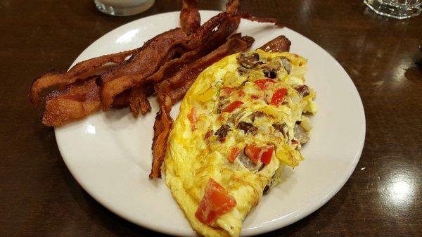 Omelette and bacon from the breakfast buffet