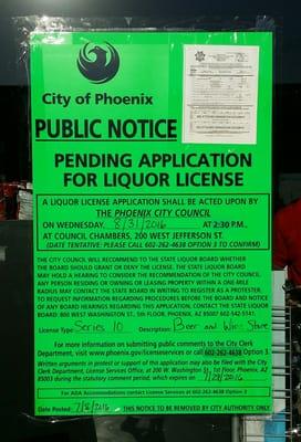 POSTED: City of Phoenix public notice for a Pending application for liquor license.