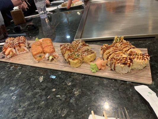 Lobster Crunchy Roll, Hot River Roll, Fried California Roll Tempura & Crab Rangoon (all with soy paper)