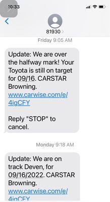 First & Second Text message from Carstar Browning.