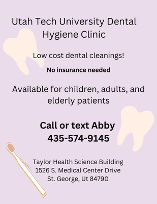 Low cost dental cleaning. Offered for all ages. NO INSURANCE NEEDED. Call or text to get scheduled!