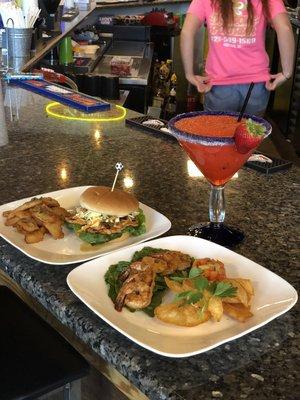 Strawberry daiquiri, grilled Cajun Shrimp and Thai chicken Sandwich